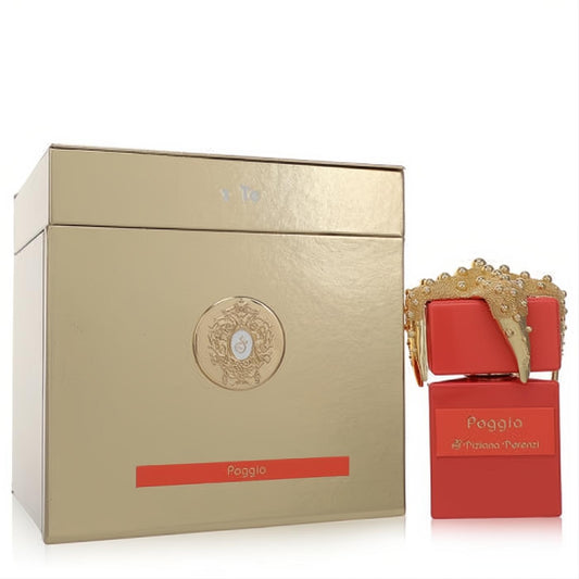 Luxurious Poggio by Tiziana Terenzi Extrait De Parfum: gold box and vibrant red bottle with an ornate gold textured cap.