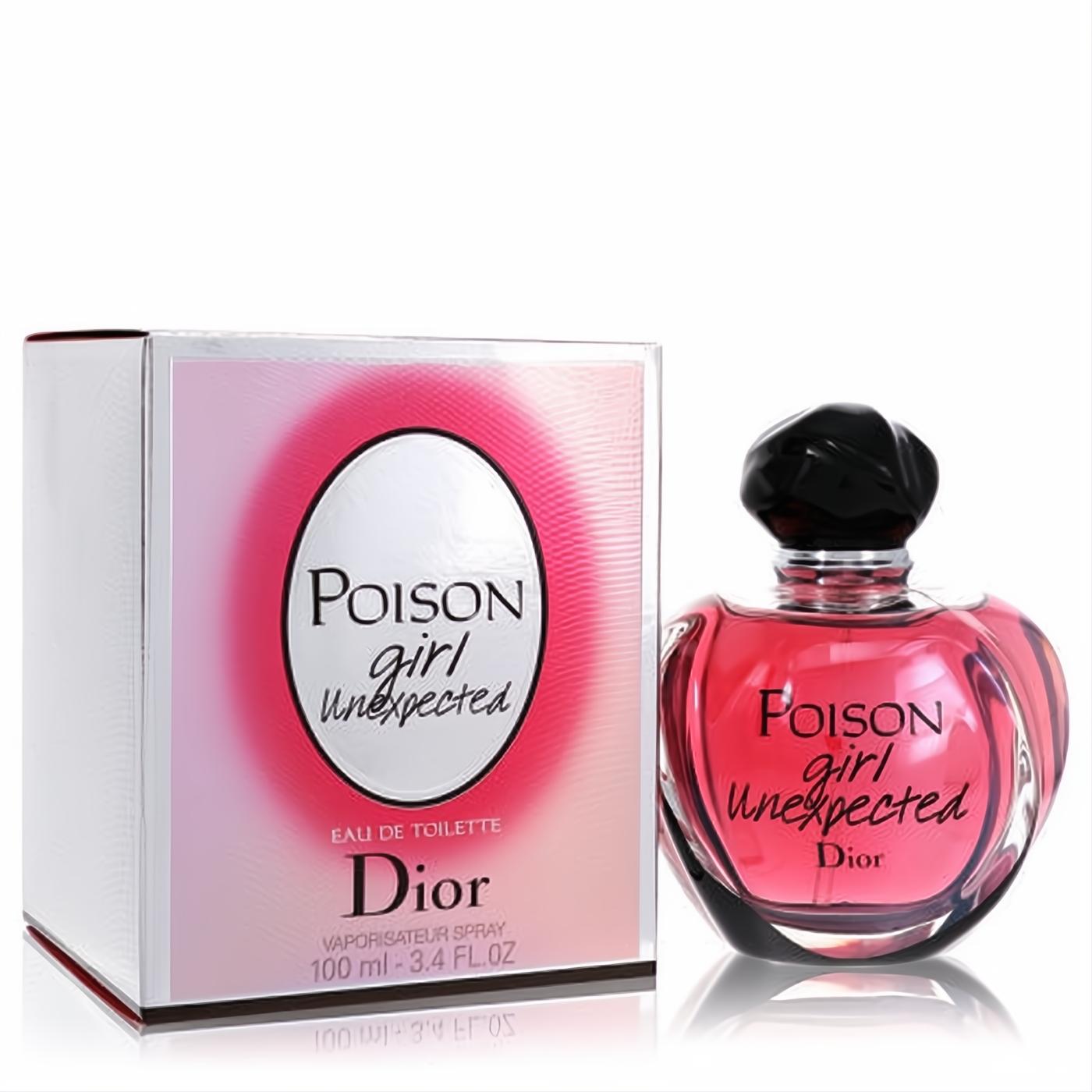 Elegant Dior Poison Girl Unexpected 100ml EDT perfume. Features a vibrant pink bottle with a sleek black cap, displayed with its chic white and pink box.