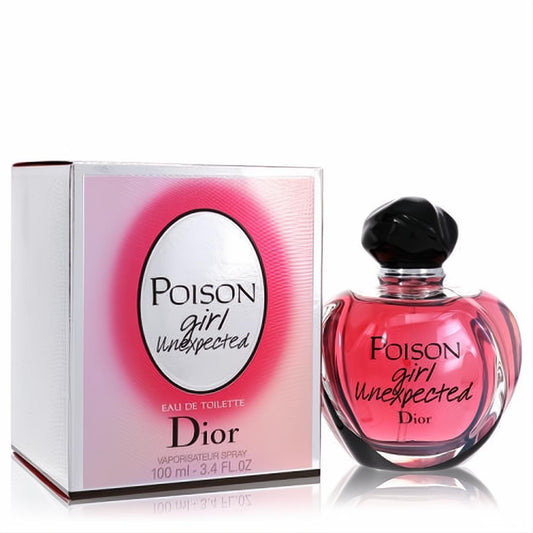 Elegant Dior Poison Girl Unexpected 100ml EDT perfume. Features a vibrant pink bottle with a sleek black cap, displayed with its chic white and pink box.