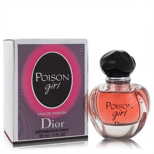 Dior Poison Girl 1 oz EDP. Elegant clear glass bottle with alluring pink fragrance, black cap, and matching vibrant pink box.