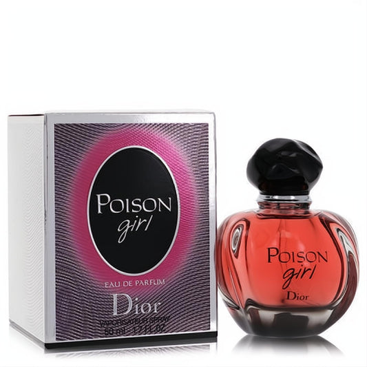Dior Poison Girl 1.7 oz EDP. Elegant reddish-orange bottle with a unique black cap, beside its striking pink and silver box.