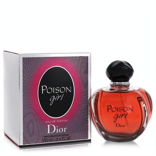 Christian Dior Poison Girl 3.4 oz Eau De Parfum: vibrant red-orange glass bottle with black cap, beside its silver box.