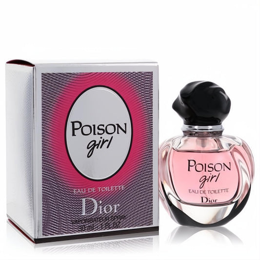 Christian Dior Poison Girl 1 oz Eau De Toilette spray: elegant round pink glass bottle with black cap, beside its chic silver box.