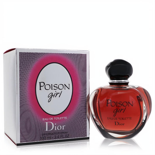 Dior Poison Girl 3.4 oz EDT in a curvaceous glass bottle with rich amber liquid and black cap, beside its chic silver and pink box.