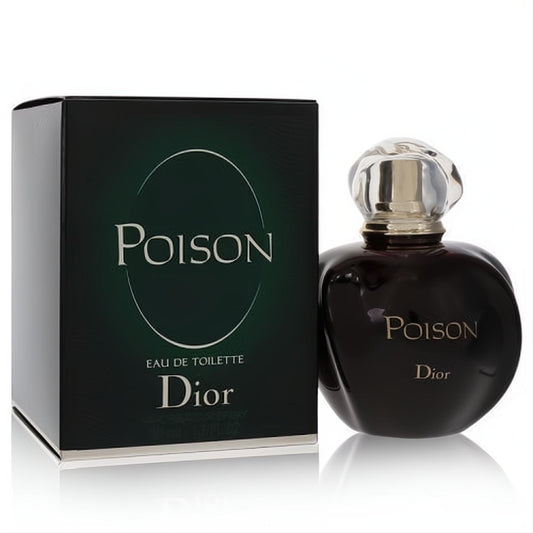 Christian Dior Poison Eau De Toilette. Iconic dark glass bottle with gold accents and clear cap, next to its sleek dark green box.