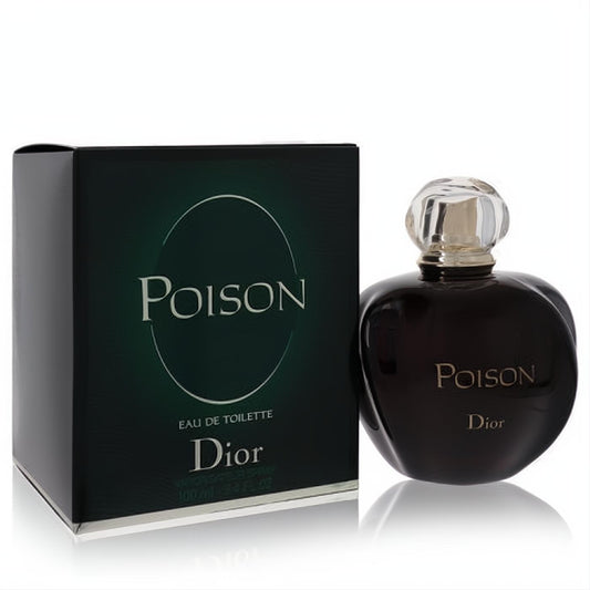 Iconic Christian Dior Poison 3.4 oz Eau De Toilette. Dark plum bottle with clear faceted cap and elegant dark green box.