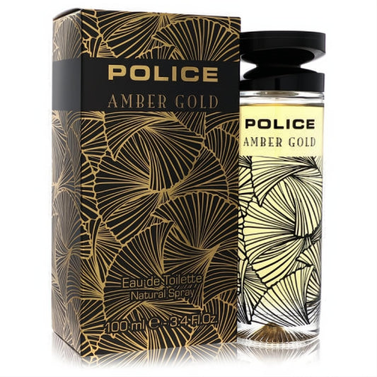 Police Amber Gold 3.4 oz Eau de Toilette spray. Elegant black and gold bottle and box with a striking fan pattern.