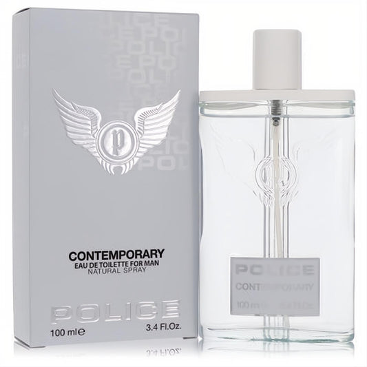 Police Contemporary Eau De Toilette for men, 3.4 oz. Sleek silver box with winged logo and clear rectangular bottle.