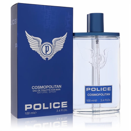 Police Cosmopolitan 3.4 oz men's EDT. Sleek clear glass bottle with blue cap and matching dark blue box, featuring the iconic winged 'P' logo.