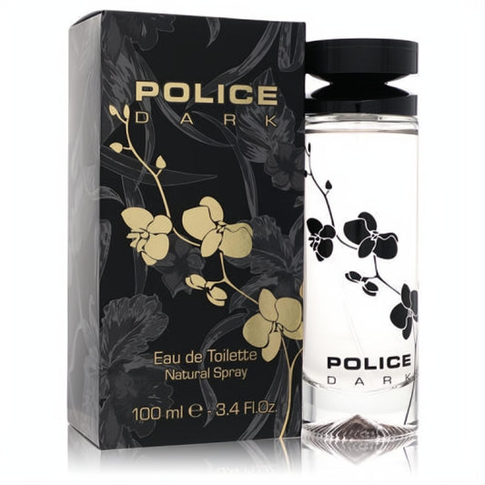 Police Dark women's 3.4 oz Eau de Toilette. Clear bottle with black orchid design, elegant black & gold box.