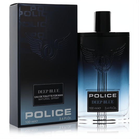 Police Deep Blue men's Eau De Toilette, a striking dark blue to clear glass bottle with iconic winged logo and matching box, 3.4 oz.