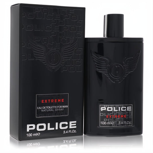 Sleek black Police Extreme Eau De Toilette spray, 3.4 oz, with iconic embossed winged logo. Bold men's fragrance.