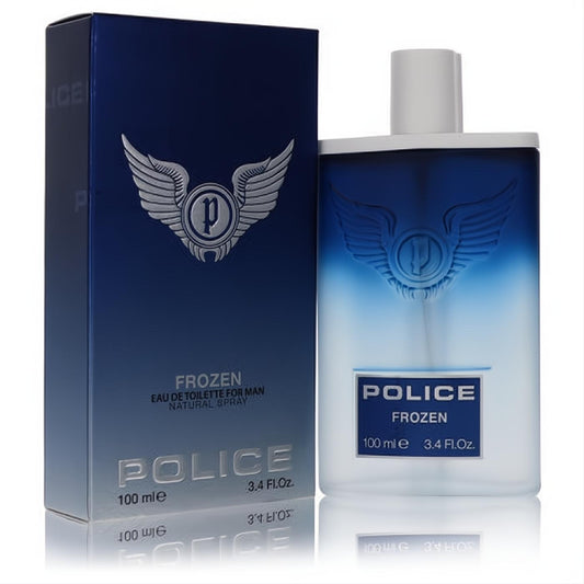 Police Frozen 3.4 oz men's fragrance. Sleek frosted blue-to-white bottle with silver winged logo and matching deep blue box.