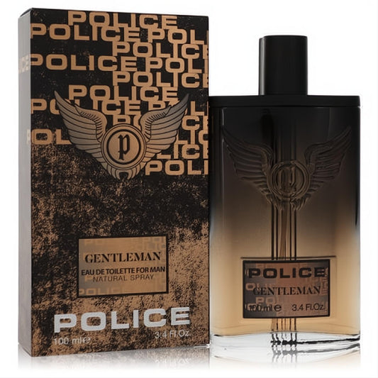 Police Gentleman 3.4 oz EDT spray: a bold, dark amber glass bottle with winged logo and matching distressed box for the modern man.