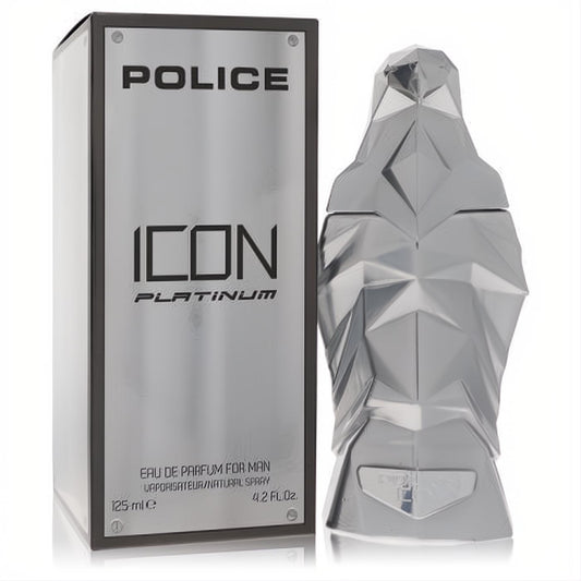 Police Icon Platinum men's EDP: a bold 4.2 oz silver falcon bottle with geometric design, alongside its sleek metallic box.