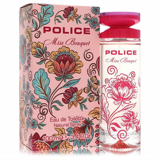 Police Miss Bouquet 3.4 oz EDT spray in a clear bottle with elegant pink floral design, vibrant magenta cap, and matching gift box.