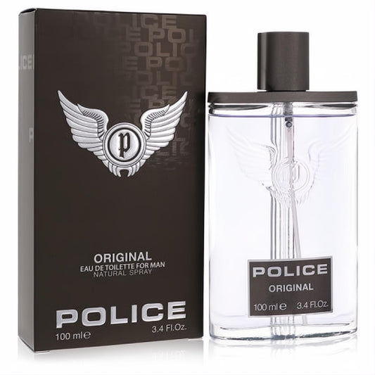 Police Original men's 3.4 oz Eau De Toilette spray. Sleek clear bottle with black cap, iconic winged logo, and dark branded box.