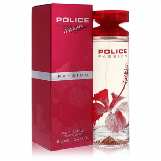 Captivating Police Passion 3.4 oz EDT for women: vibrant red box and clear bottle with a bold red hibiscus flower design.