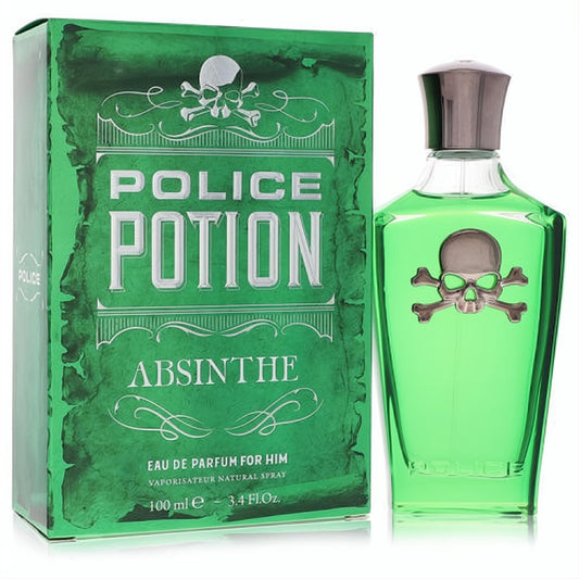 Bold Police Potion Absinthe 3.4 oz men's EDP spray in a vibrant green bottle with a distinctive silver skull and crossbones design.