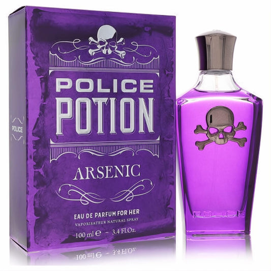 Unleash allure with Police Potion Arsenic 3.4 oz Eau De Parfum. Bold purple glass bottle, silver skull, striking ornate box.