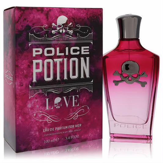 Bold Police Potion Love women's 3.4 oz Eau De Parfum spray. Features a striking pink skull-design glass bottle and matching fuchsia box.