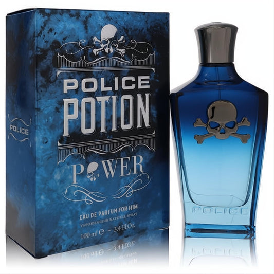 Police Potion Power 3.4 oz men's EDP spray. Bold blue gradient bottle with silver skull emblem and matching box.