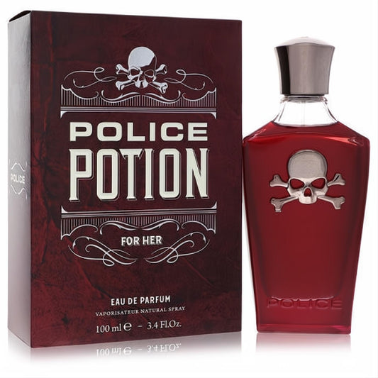 Police Potion For Her 3.4 oz EDP. Striking red glass bottle with silver skull emblem, sleek metallic cap, and coordinating dark red box.