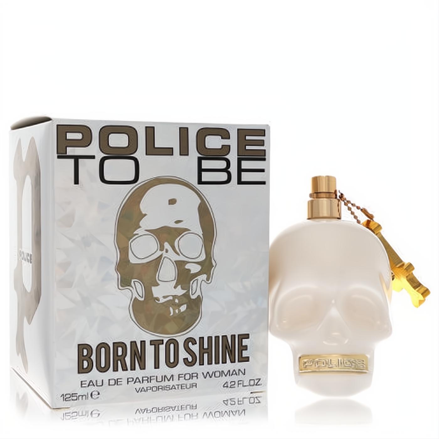 Police To Be Born To Shine 4.2 oz women's Eau de Parfum. Iconic white skull bottle with gold sprayer & charm, beside its branded box.