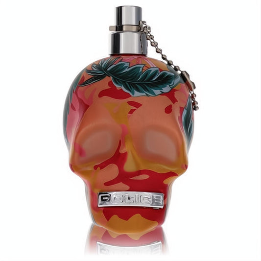 Police To Be Exotic Jungle 2.5 oz women's perfume. Vibrant skull bottle with tropical floral print, silver cap & chain.