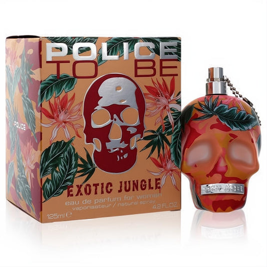 Police To Be Exotic Jungle 4.2 oz women's perfume. Vibrant skull bottle with orange, red, green tropical print and matching box.