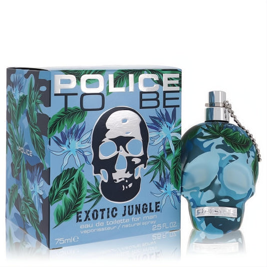 Police To Be Exotic Jungle 2.5 oz men's EDT. Bold blue/green camouflage skull bottle with metallic cap and matching jungle-themed box.