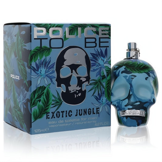 Police To Be Exotic Jungle 4.2 oz men's EDT in a bold blue skull bottle with vibrant green jungle leaf design, alongside its matching box.