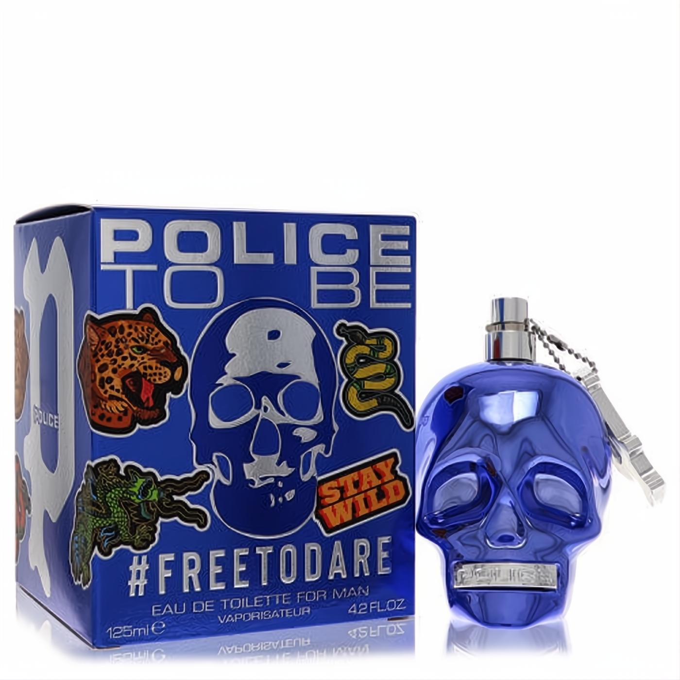 Distinctive Police To Be #Freetodare 4.2 oz men's cologne. Features a glossy blue skull bottle and a vibrant, animal-themed box.
