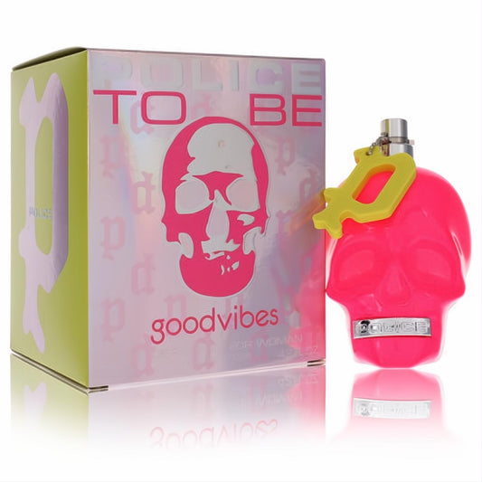 Vibrant Police To Be Good Vibes 4.2 oz women's perfume. Neon pink skull bottle, yellow P charm, and a striking lime green box.