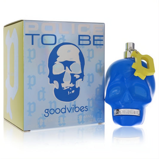 Police To Be Good Vibes 4.2 oz men's cologne: bold blue skull bottle with yellow charm and vibrant light blue box.