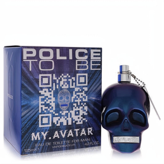 Police To Be My Avatar 4.2 oz men's EDT. Bold iridescent blue skull bottle with silver chain, next to its matching QR code box.