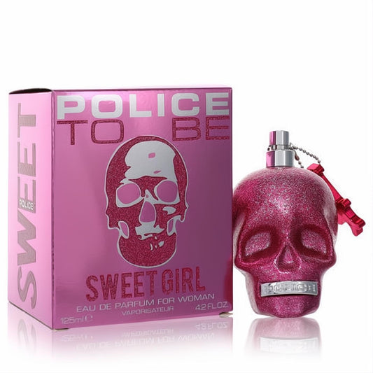 Glamorous pink glitter skull Police To Be Sweet Girl 4.2 oz EDP bottle, featuring silver hardware, beside its matching box.