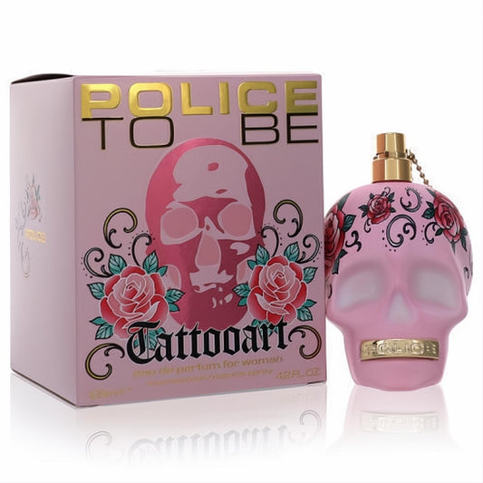 Bold Police To Be Tattoo Art 4.2 oz women's EDP. Pink skull bottle with vibrant red rose tattoo art, gold cap, and matching box.