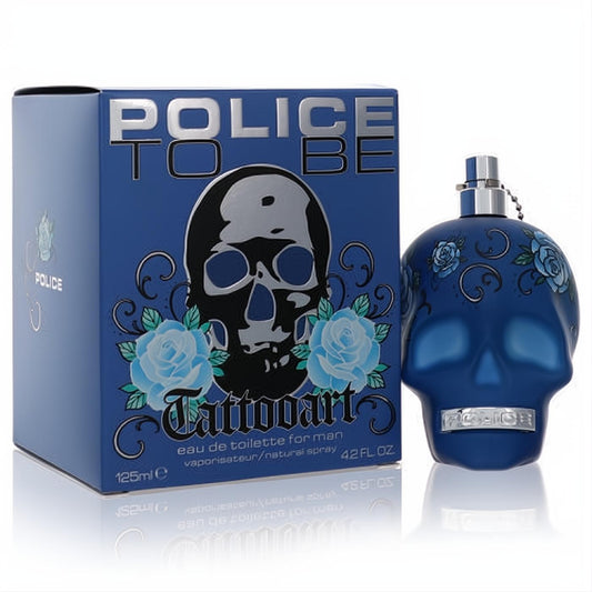 Police To Be Tattoo Art 4.2 oz men's EDT. Distinctive dark blue skull bottle adorned with light blue rose tattoos.