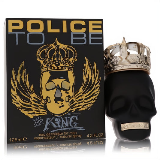 Police To Be The King 4.2 oz men's fragrance: bold black skull bottle, luxurious gold crown cap, and matching box.
