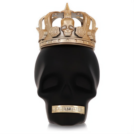 Police To Be The King men's fragrance: striking matte black skull bottle with a regal gold crown cap and logo.