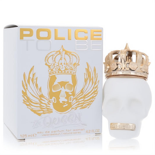 Police To Be The Queen 4.2 oz women's Eau De Parfum in a striking white skull bottle with a luxurious gold crown cap.