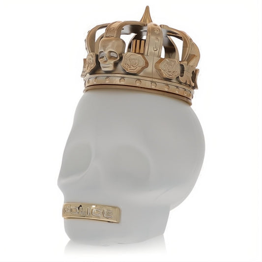 Police To Be The Queen 4.2 oz women's perfume. Striking frosted white skull bottle with a luxurious gold crown cap, adorned with skulls and roses.