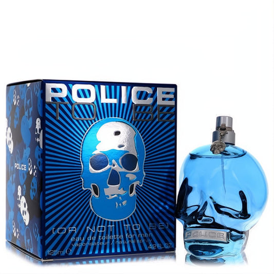 Police To Be or Not To Be 4.2 oz blue skull glass Eau De Toilette spray, featuring a unique silver cap, displayed with its bold matching box.