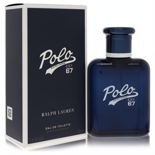 Sophisticated Ralph Lauren Polo 67 Eau De Toilette 2.5 oz in a sleek dark blue glass bottle with iconic white logo, displayed with its matching box.