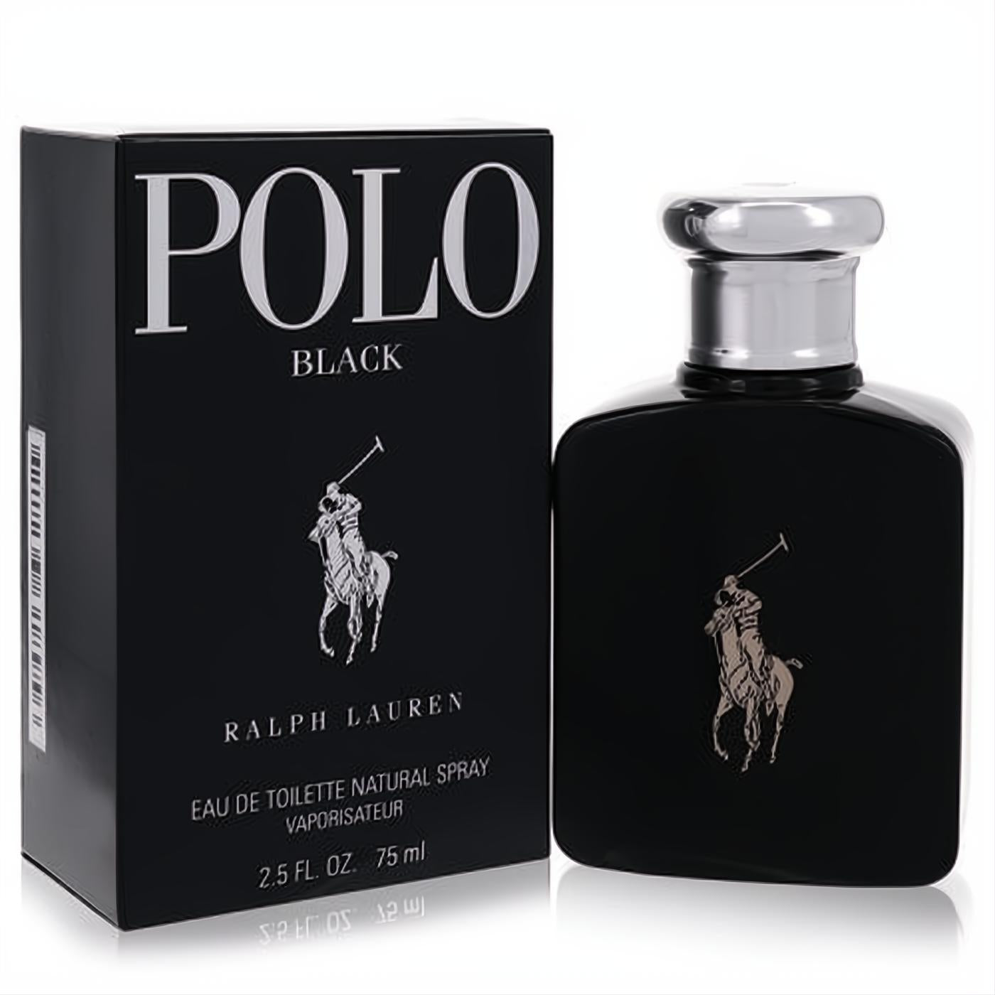 Polo Black Ralph Lauren 2.5 oz EDT. Sleek black bottle, silver cap, and matching box with iconic polo player logo.