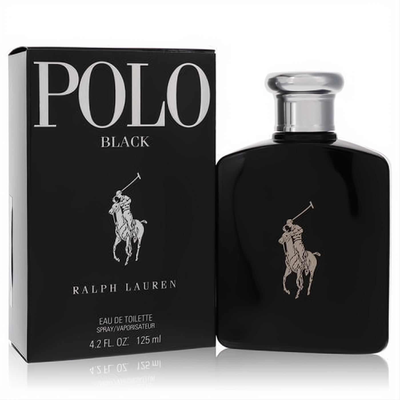 Sleek Polo Black by Ralph Lauren Eau De Toilette 4.2 oz. Masculine black bottle with iconic silver polo player logo and cap, next to its matching box.