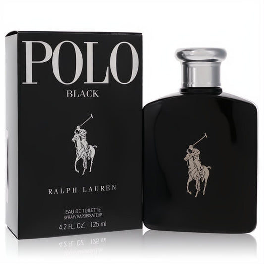 Sleek Polo Black by Ralph Lauren Eau De Toilette 4.2 oz. Masculine black bottle with iconic silver polo player logo and cap, next to its matching box.