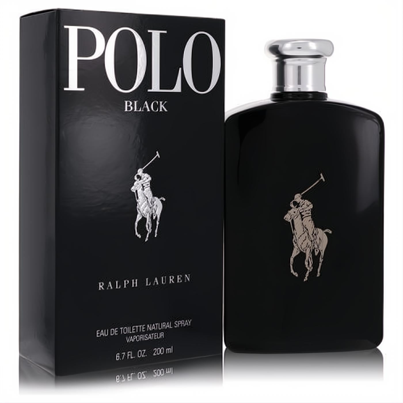 Elevate your style with Polo Black by Ralph Lauren 6.7 oz EDT. Sleek black bottle, silver cap, and iconic polo player.