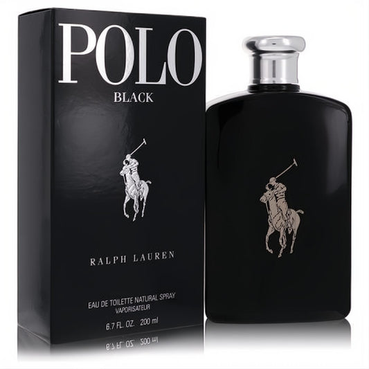 Elevate your style with Polo Black by Ralph Lauren 6.7 oz EDT. Sleek black bottle, silver cap, and iconic polo player.
